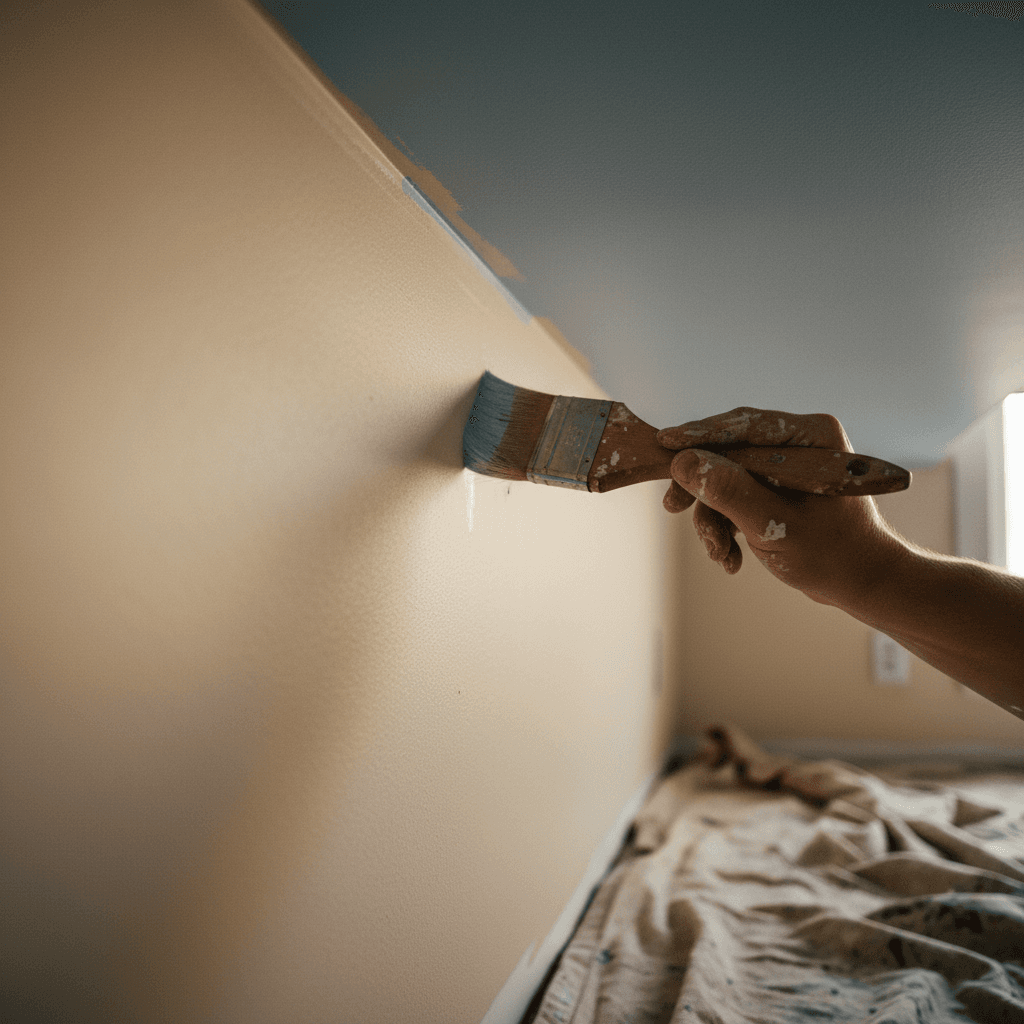 Close-up of a painter cutting in a clean edge along a ceiling with a brush