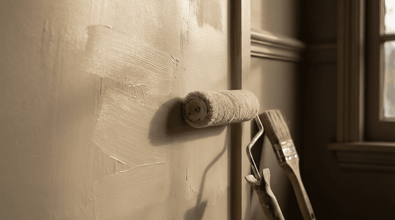 A freshly painted white wall on a residential street with a painter's ladder and drop cloth, captured in natural afternoon light