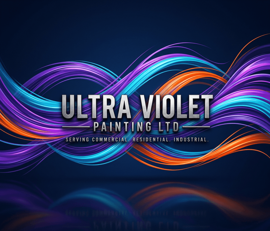 Metallic Ultra Violet Painting Ltd logo over vibrant, flowing purple, blue, and orange paint waves.